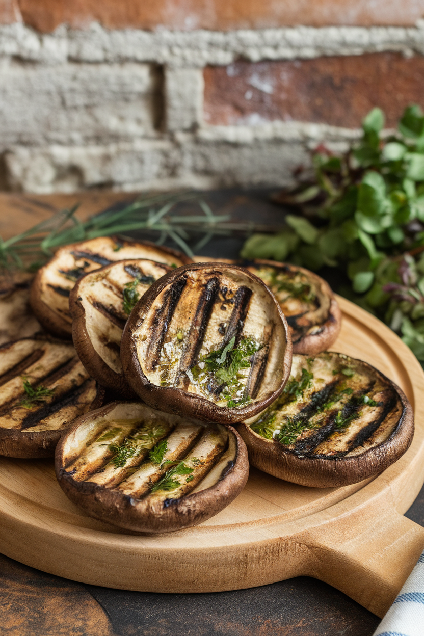Indoor platter of grilled portobello mushroom caps with visible grill marks, brushed with herb oil; no text or logos, photo style.