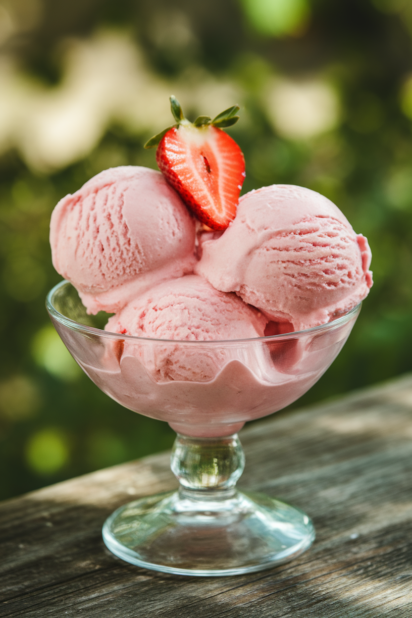 An indoor dessert bowl holding pink creamy nice cream scoops garnished with a fresh strawberry slice. No text or logos. Photo only.