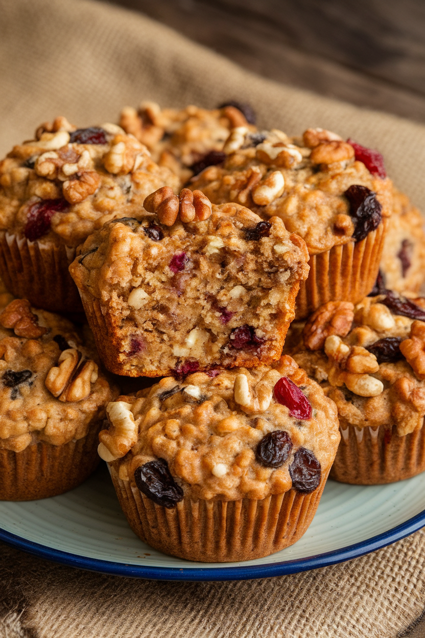 Indoor photo of dense oatmeal muffins packed with nuts and dried fruit, rustic burlap background, no text or logos