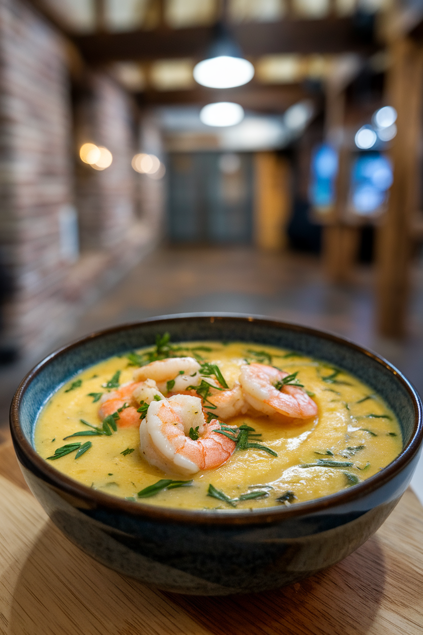 Indoor soup bowl photo of creamy corn chowder dotted with cooked shrimp and herbs; overhead light, no text or logos.