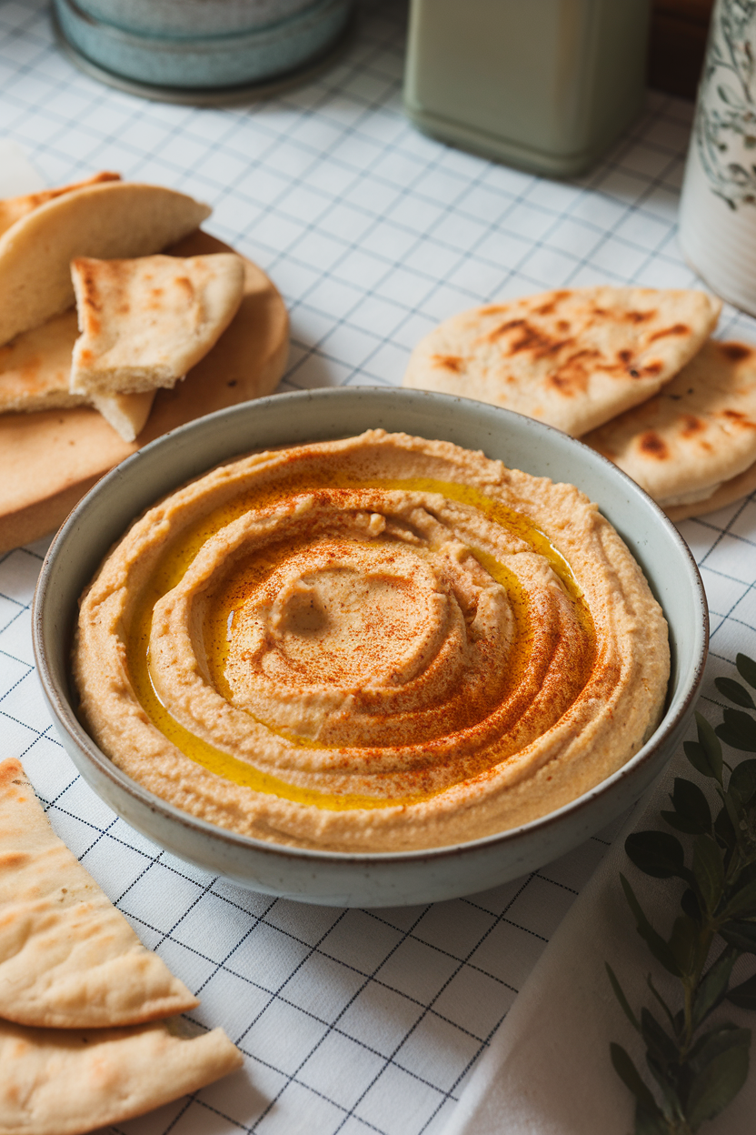 Bowl of creamy homemade hummus drizzled with olive oil on a kitchen table, indoor photo, no text or logos