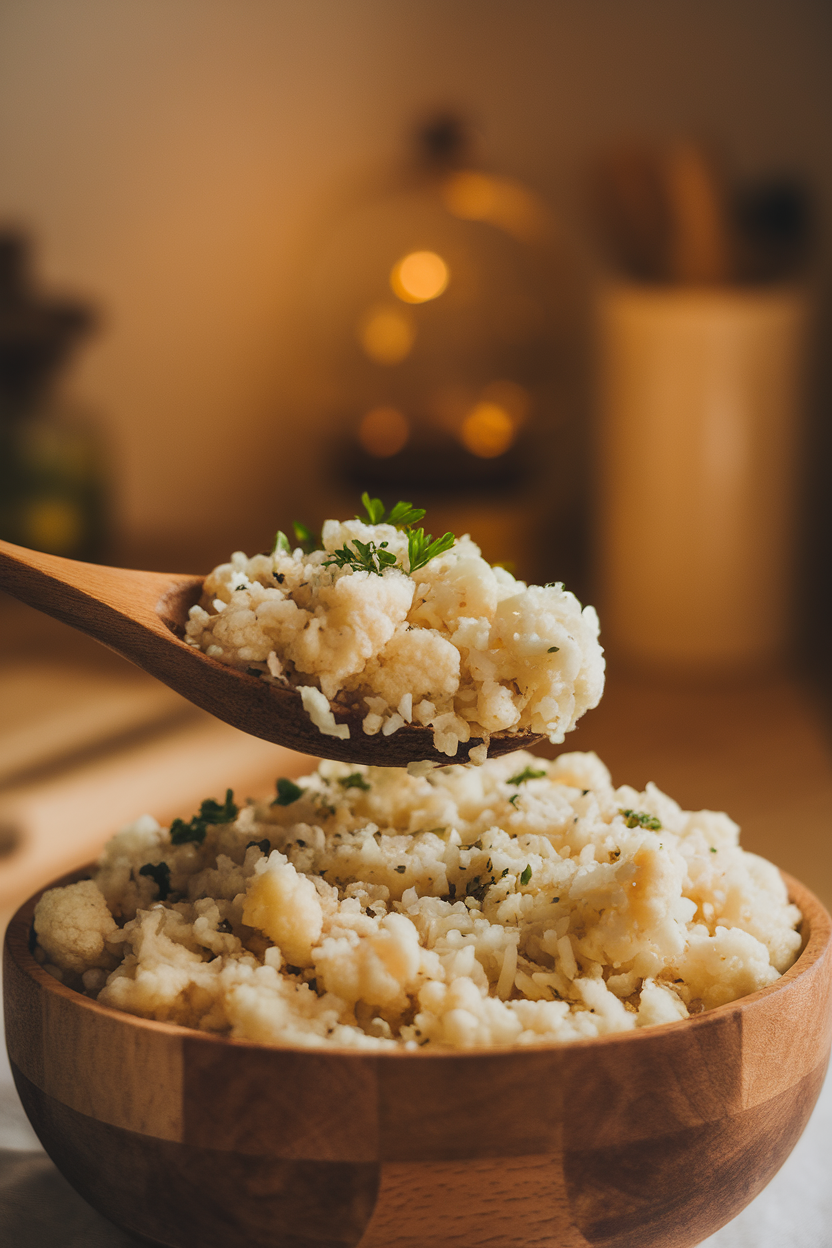 A warmly lit indoor bowl of cauliflower rice held by a wooden spoon, flecks of parsley on top; no text or logos. Photo.