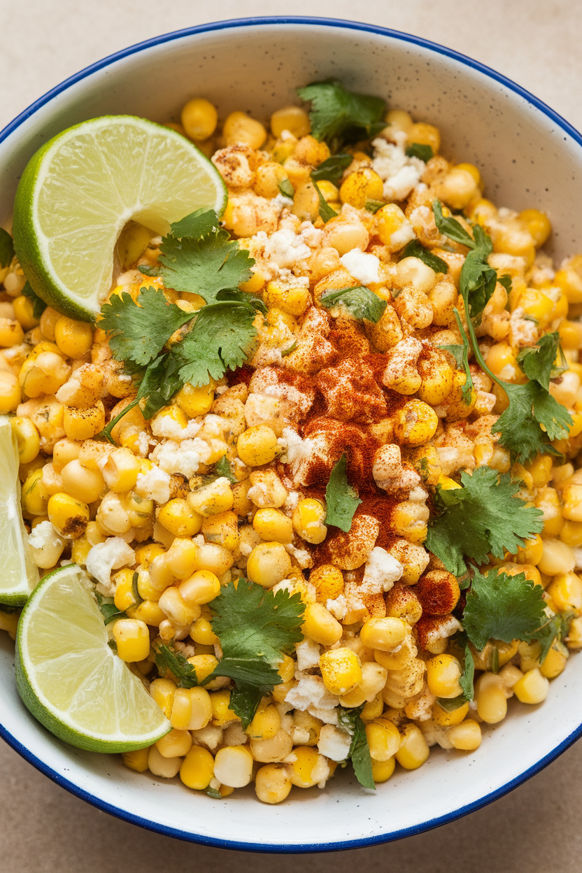 Indoor photo of a serving bowl filled with roasted corn kernels tossed with cotija, cilantro, lime, and chili powder, garnished with lime wedges. No text or logos.