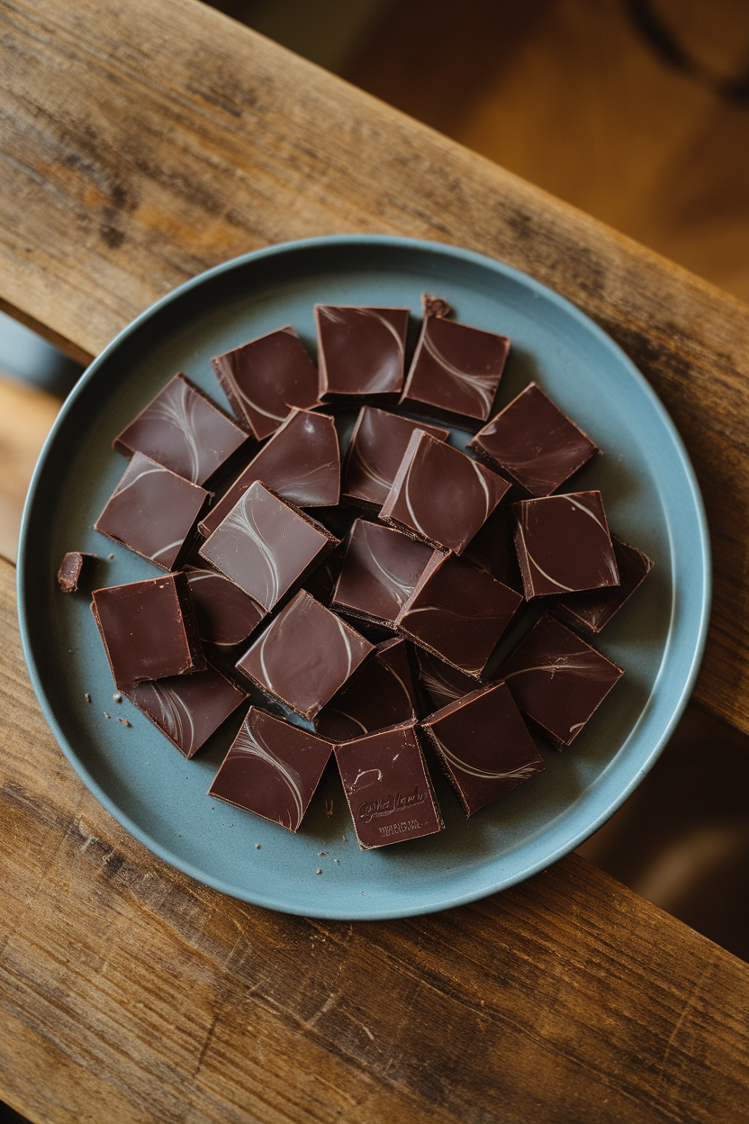An indoor dessert plate holding broken squares of dark chocolate with a subtle sheen, no text or logos on packaging or plate.