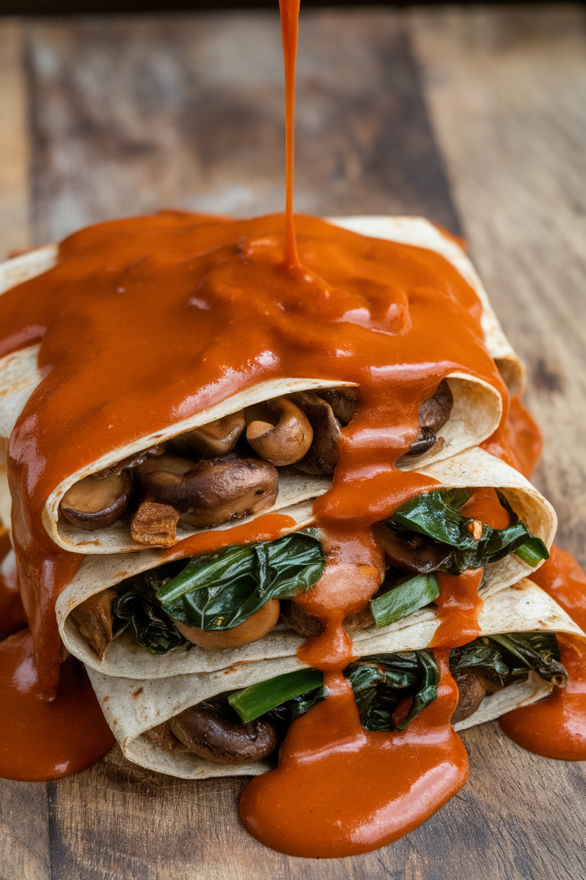A warm indoor image of whole-grain tortillas stuffed with sautéed mushrooms and emerald Swiss chard, blanketed in mild red chile sauce. No text or logos.