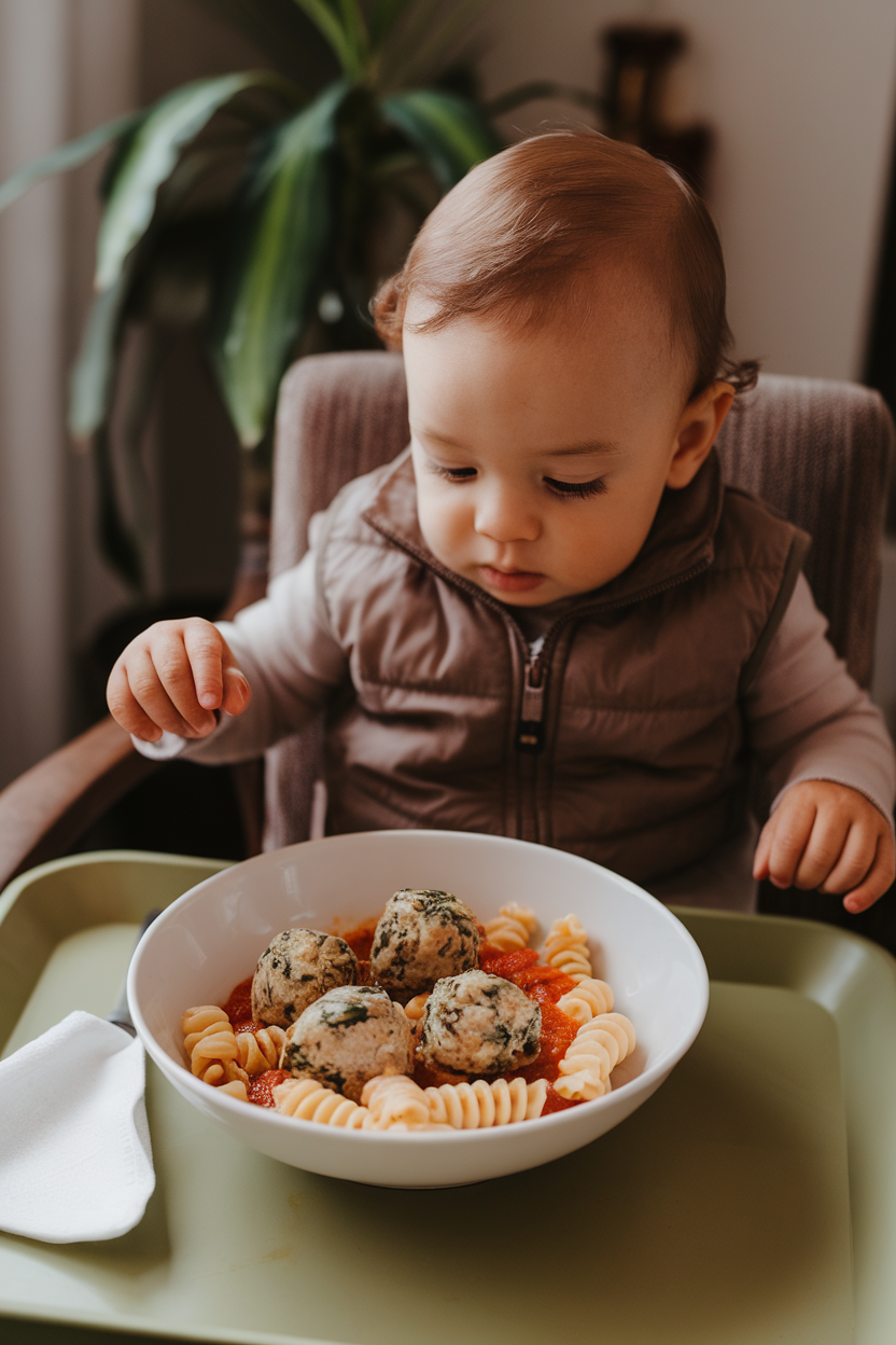 A toddler bowl on an indoor dining tray containing spiral pasta with mini turkey spinach meatballs and light tomato sauce. No text or logos.