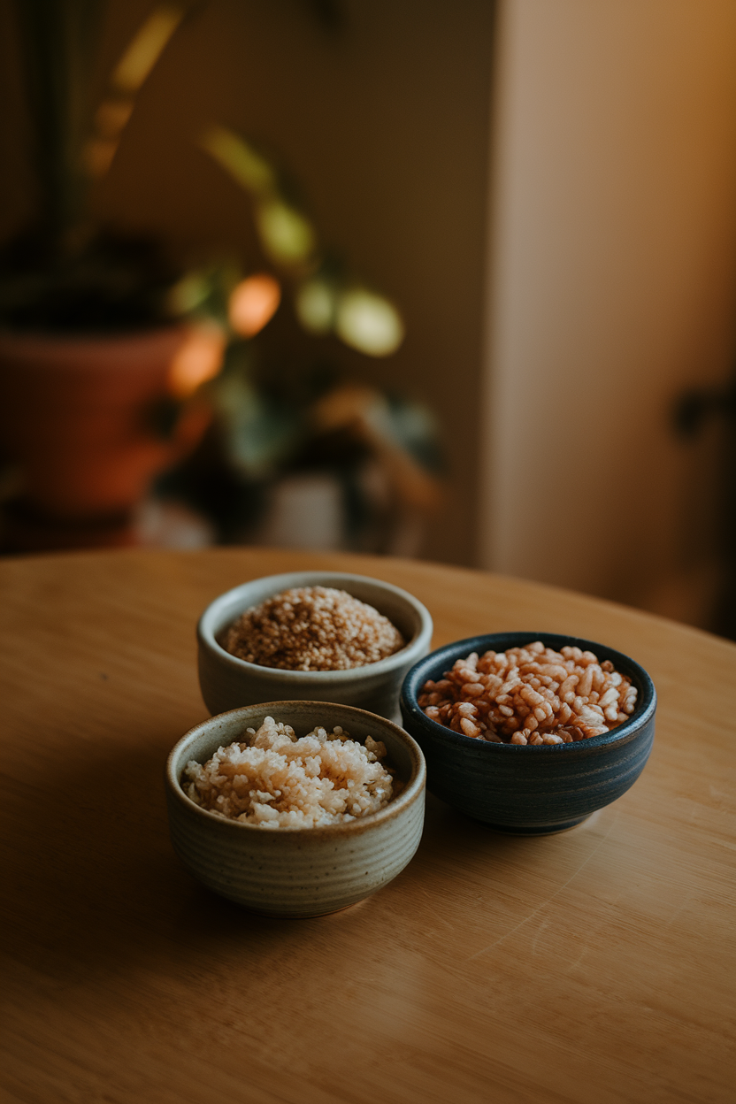 Indoor photo of cooked brown rice, quinoa, and farro in small ceramic bowls on a dining table; warm lighting, no text or logos.