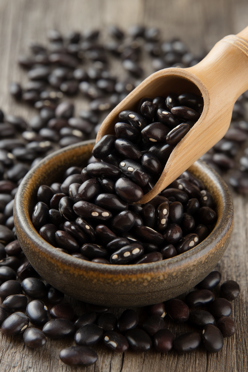 Indoor photo of a bamboo scoop pouring shiny dried black beans into a ceramic bowl; gentle top light, no text or logos