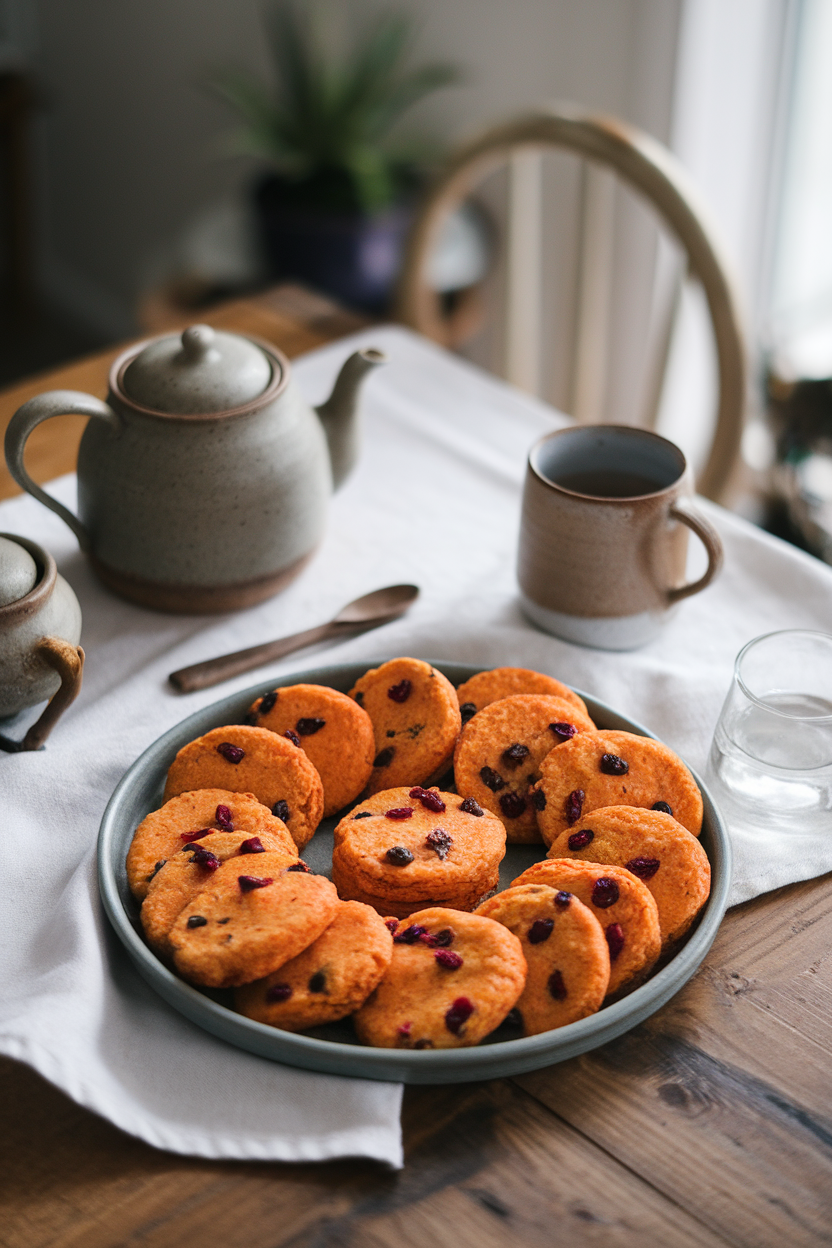 Photo prompt: Indoor table with vibrant orange sweet-potato breakfast cookies dotted with dried cranberries, no text or logos.