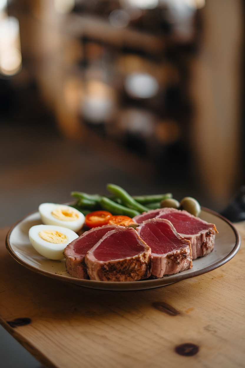 Photo of an indoor plate featuring seared tuna steaks (cooked rare center, seared edges), hard-boiled egg halves, green beans, cherry tomatoes, and olives. Soft tabletop lighting, no logos.