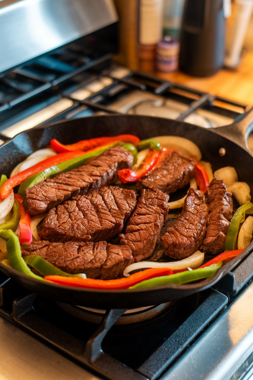 Indoor stovetop scene of a sizzling skillet packed with cooked steak strips, bell peppers, and onions. Warm lighting; no text or logos. Photo only.