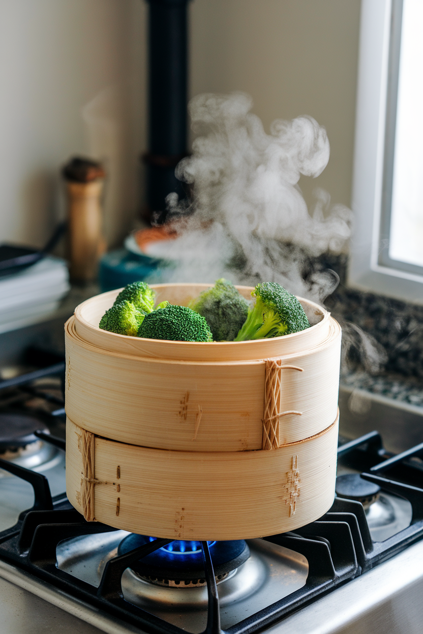 An indoor stovetop with a bamboo steamer releasing gentle steam, broccoli florets peeking through, no brand labels.