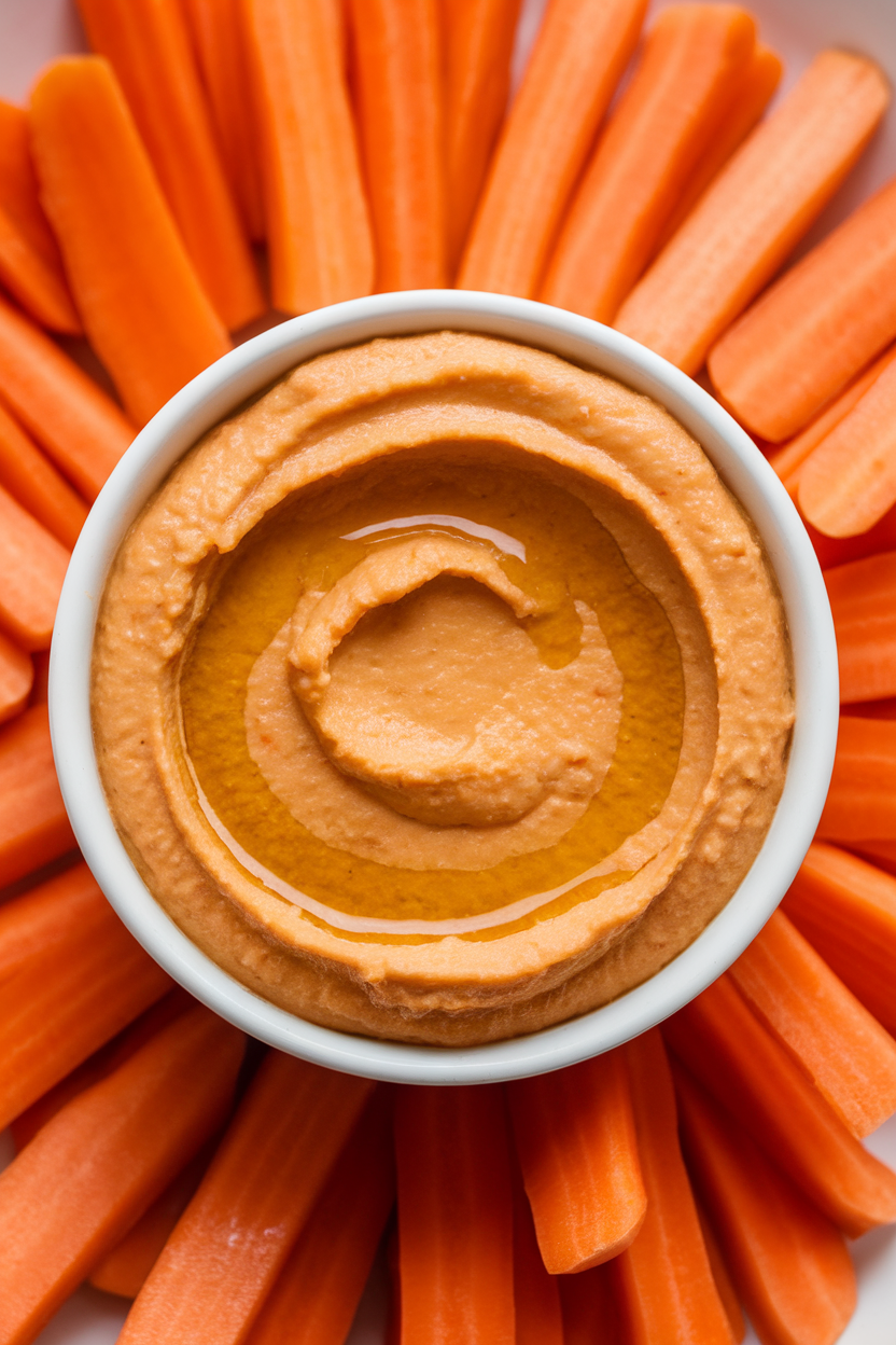 Indoor ramekin of smooth orange hummus drizzled with olive oil, surrounded by carrot sticks, photographed overhead. No text or logos.