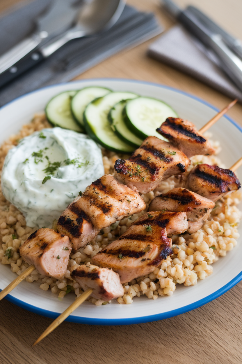 Indoor photo of chicken souvlaki skewers off the stick, bulgur, and cucumber tzatziki salad on a plate. No text or logos.