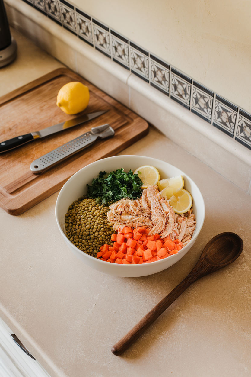 Indoor kitchen counter with a bowl of green lentils, shredded chicken, diced carrots, parsley, and lemon wedges — no logos