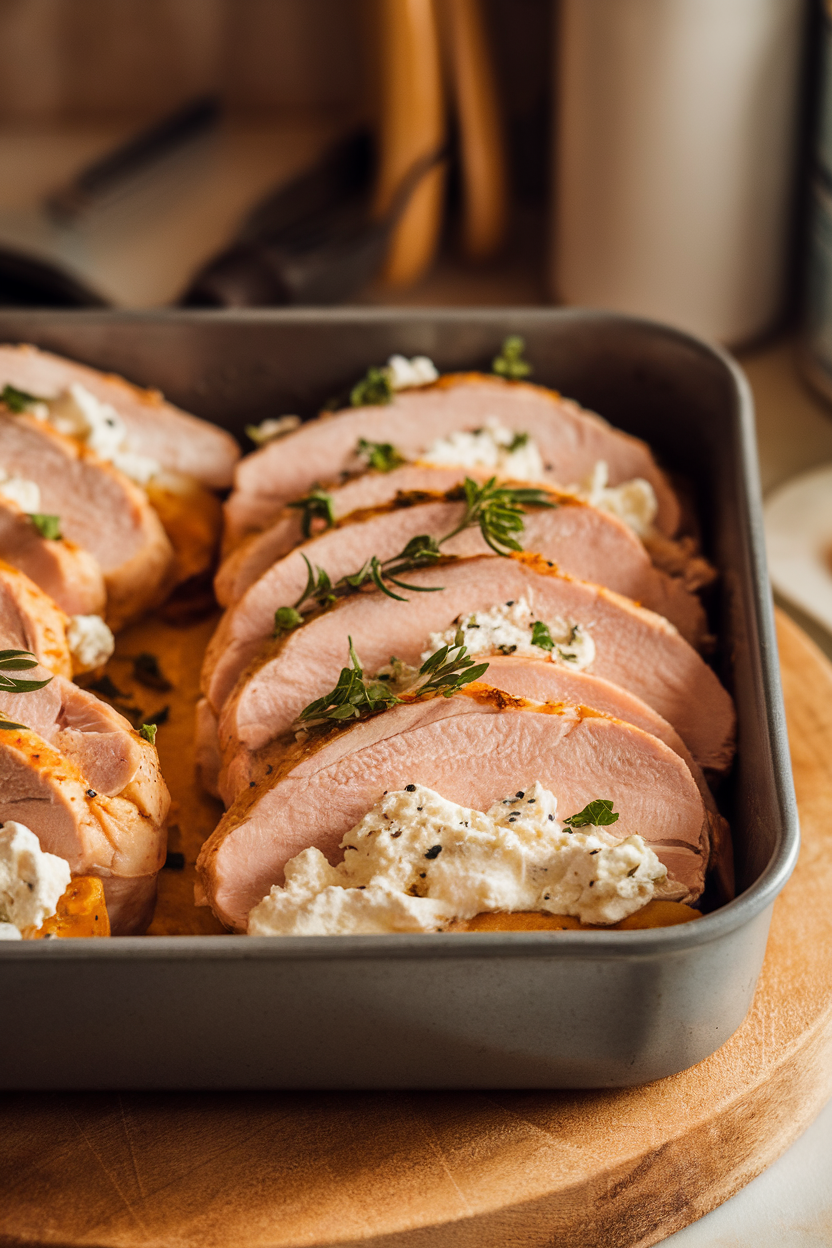 An indoor baking dish with sliced chicken breasts revealing creamy ricotta filling, topped with herbs. No text or logos present. Photo, not illustration.