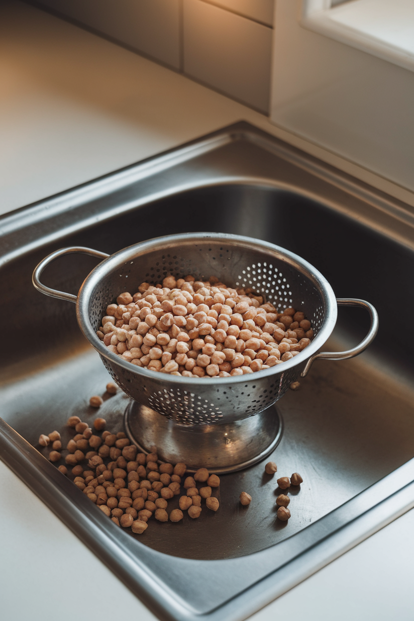Indoor photo of a colander filled with dried chickpeas resting in a stainless-steel sink; soft kitchen lighting, no text or logos