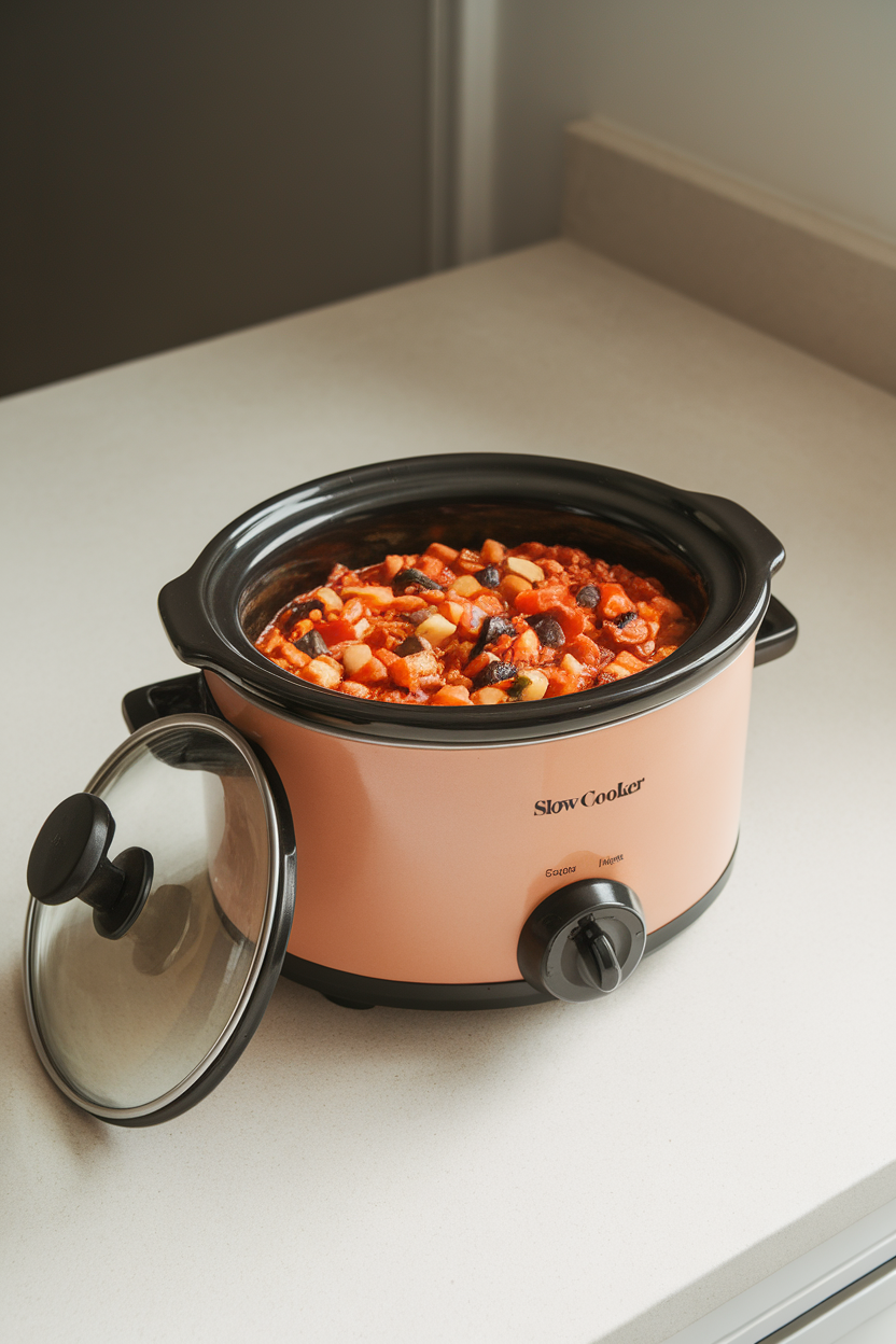 Indoor countertop with a ceramic slow cooker full of vegetable chili, lid set aside, no text or logos.
