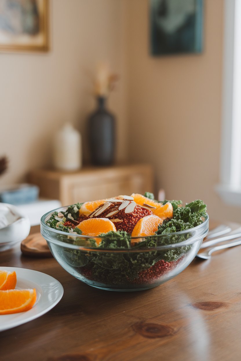 An indoor dining table displaying a salad bowl filled with massaged kale, red quinoa, orange segments, and sliced almonds. No text or logos; photo only.