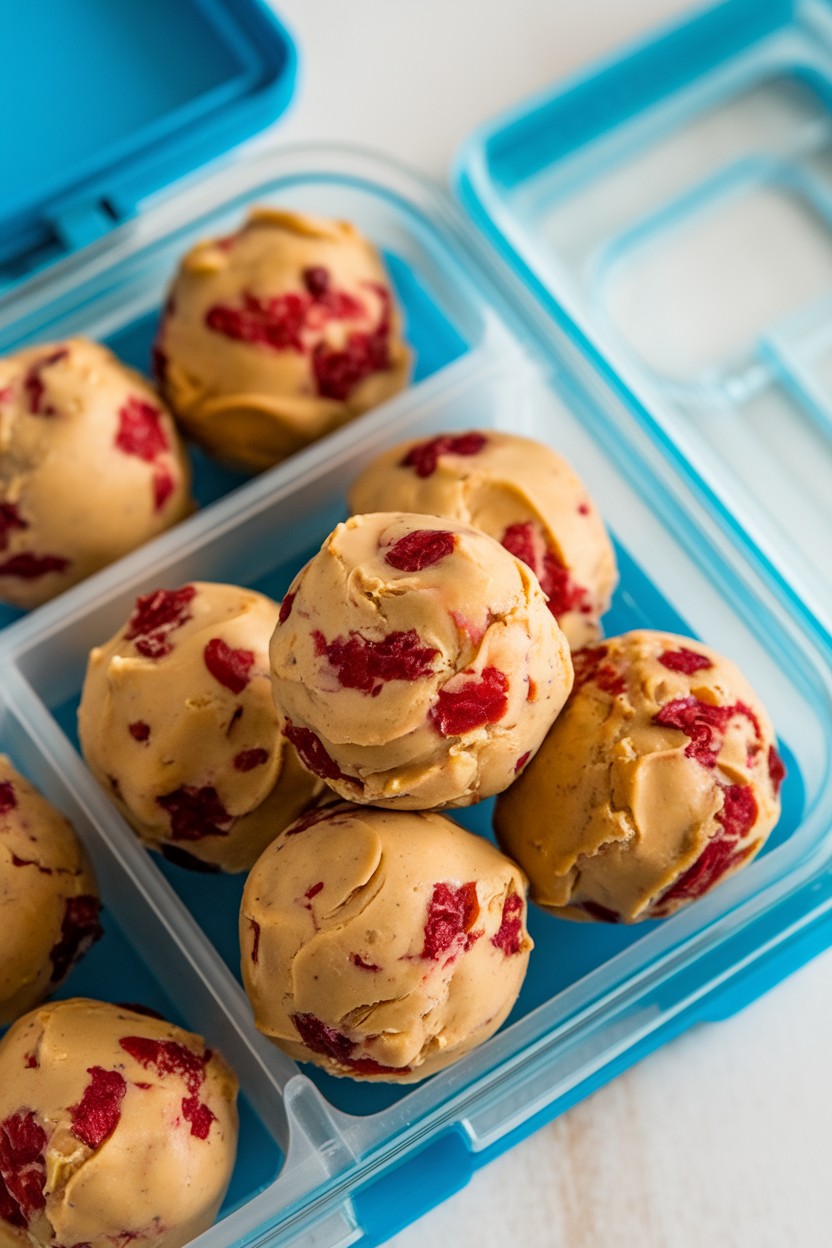 Photo of an indoor lunchbox scene with PB&J energy balls revealing swirls of peanut butter and red fruit bits. No text or logos.