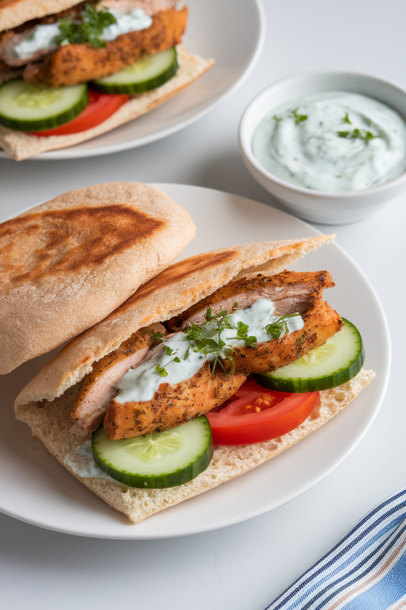 An indoor lunch spread featuring whole-wheat pita halves stuffed with oregano chicken strips, cucumber, tomato, and tzatziki. No logos or text. Photo.