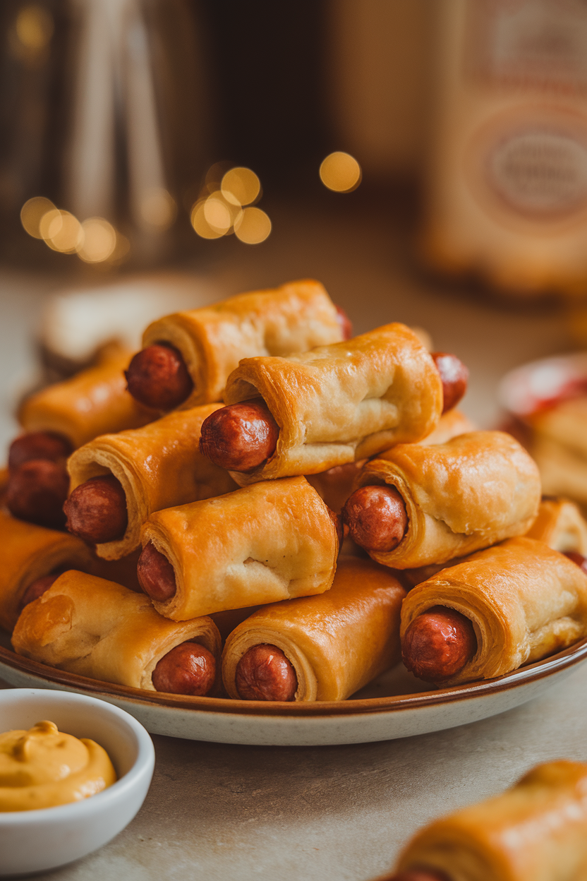 Photo of an indoor plate piled with mini sausages wrapped in golden puff pastry, small bowl of mustard nearby; casual warm lighting, no text or logos