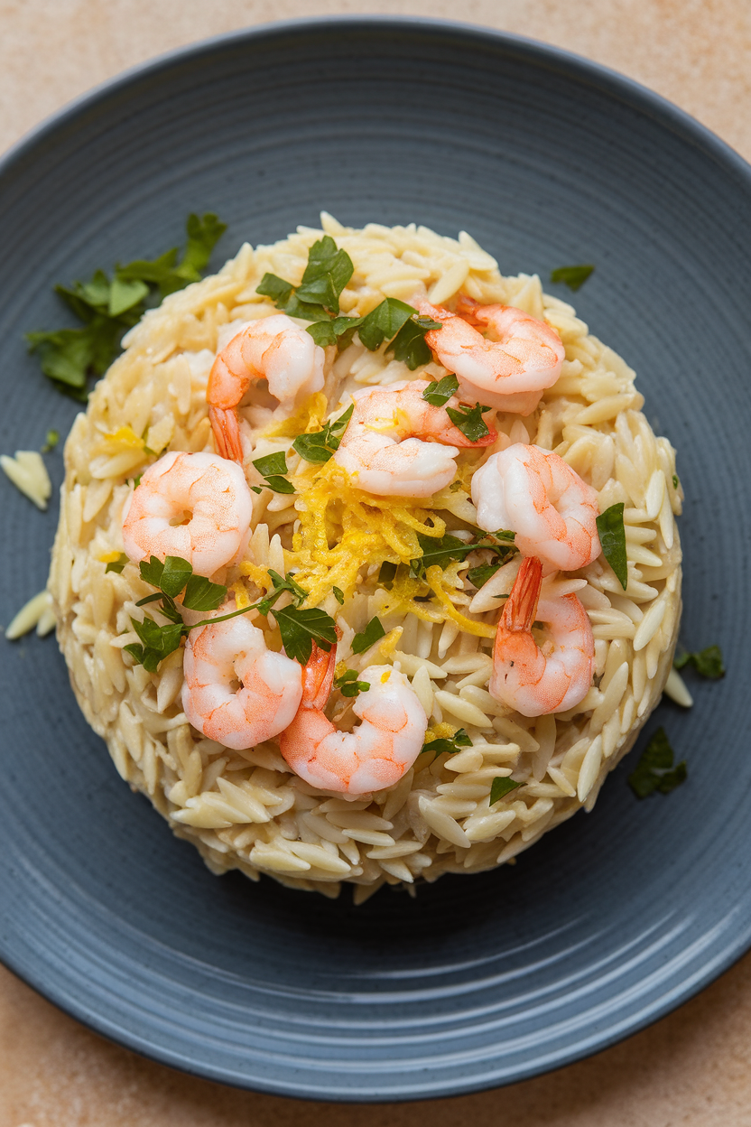 Indoor plate featuring a half-cup mound of orzo mixed with shrimp, parsley, and lemon zest. No text or logos.