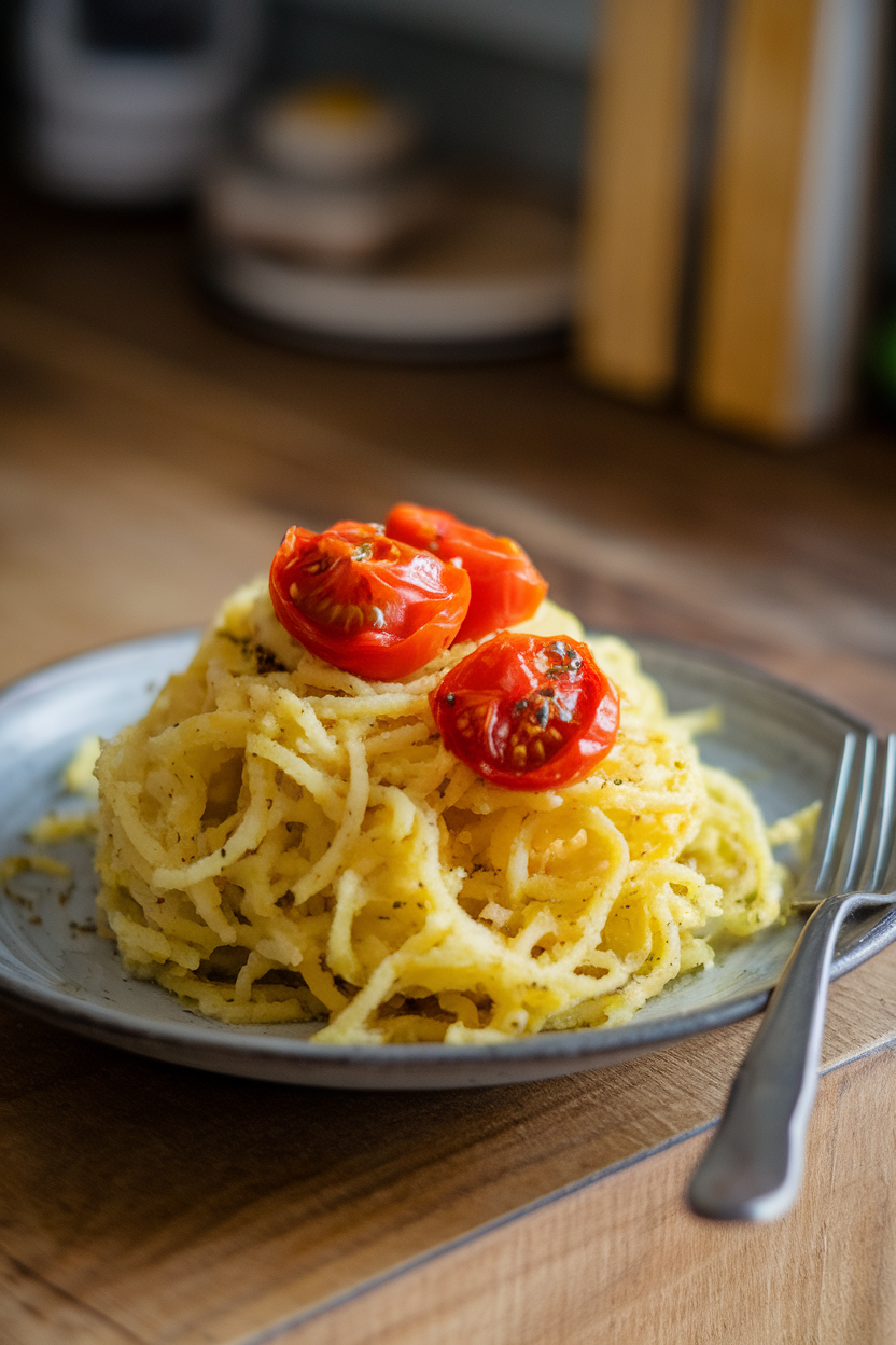 Photo of spaghetti squash strands tossed in basil pesto with roasted cherry tomatoes on an indoor dinner plate, no text or logos