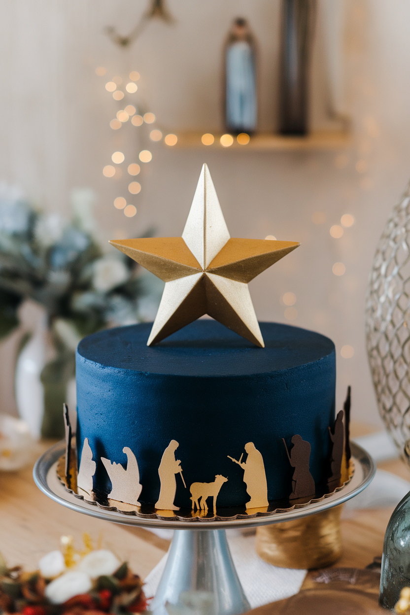 Indoor altar-style display of a midnight-blue cake topped with a single large gold fondant star and tiny silhouette nativity figures at the base. No winning logos, realistic photo.