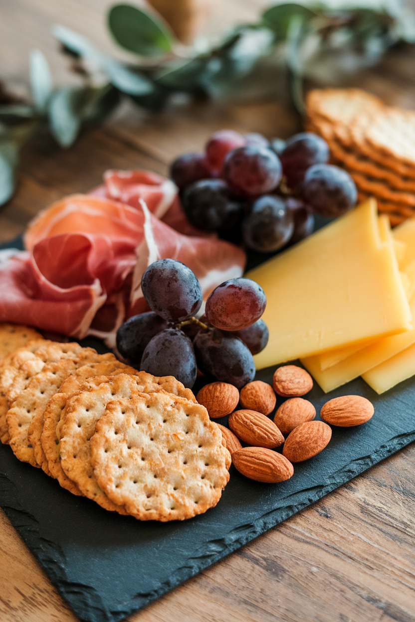 Indoor shot of a slate board holding rice-crisp crackers, prosciutto, aged cheddar, grapes, and marcona almonds; no visible logos or text.
