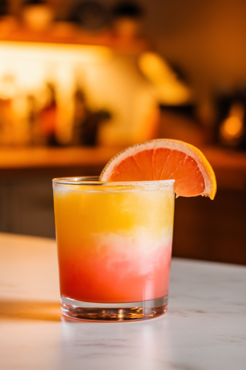 Indoor photo of a rocks glass showing layered yellow-to-pink sunrise colors, garnished with a half-moon slice of grapefruit on the rim; warm kitchen lighting; no text or logos.