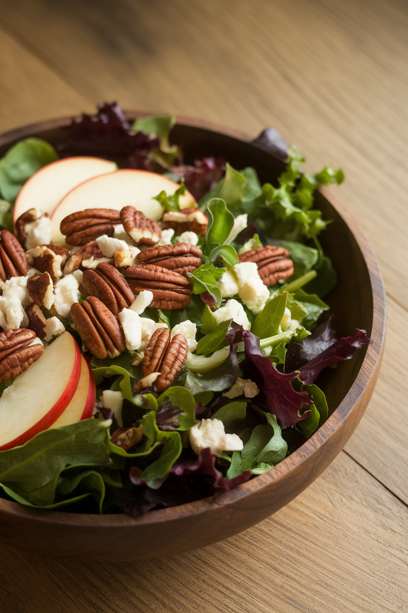 Indoor photo of mixed-green salad featuring sliced apples, toasted pecans, and crumbled cheese in a wooden bowl, no text or logos.