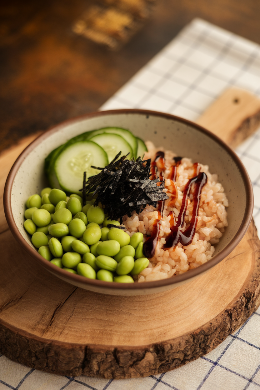 Indoor shallow bowl containing brown rice, shelled edamame, shredded nori, cucumber, and a drizzle of soy sauce. No text or logos present.