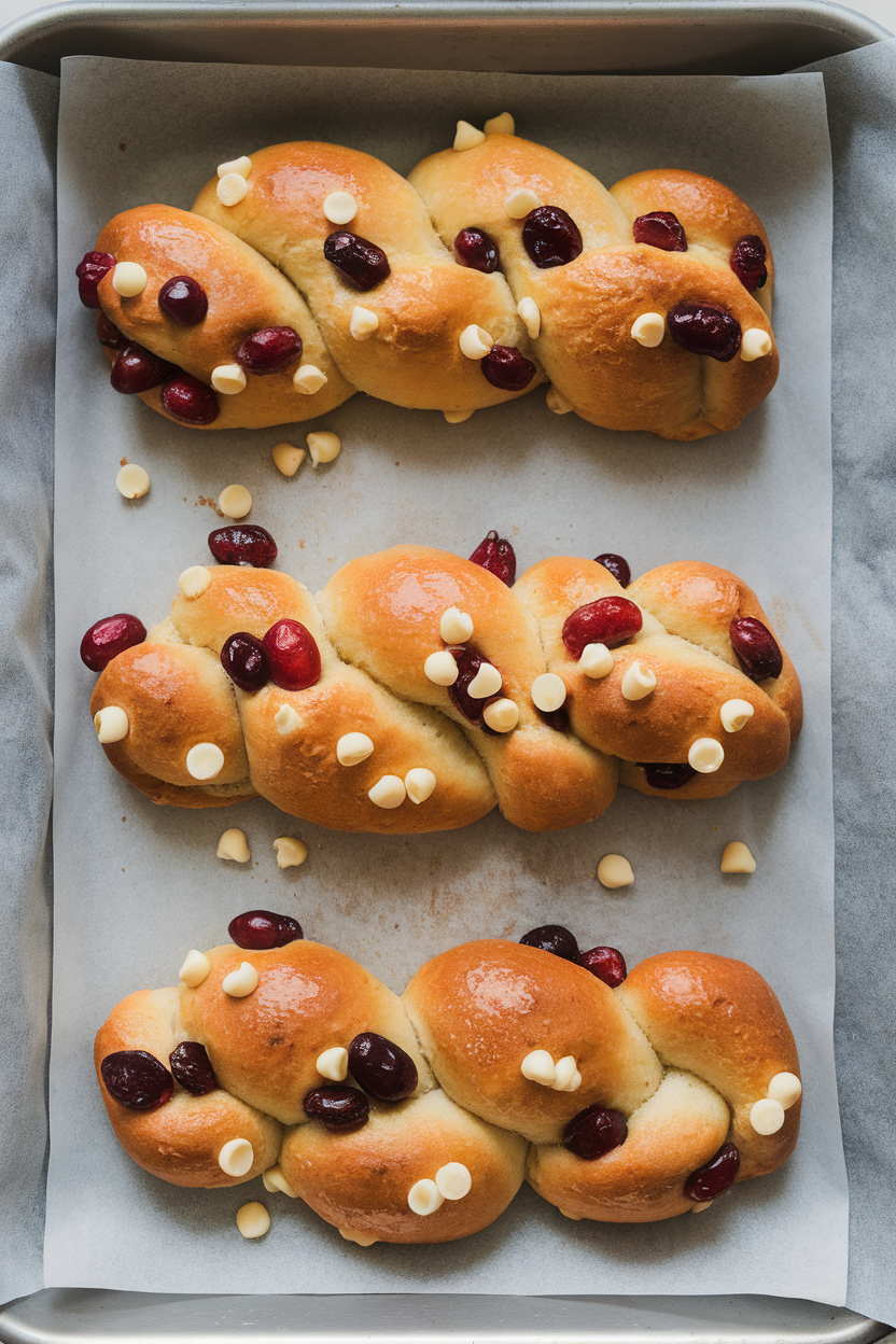 Indoor image of braided bread twists dotted with cranberries and white chocolate chips on a parchment-lined tray; no text or logos.