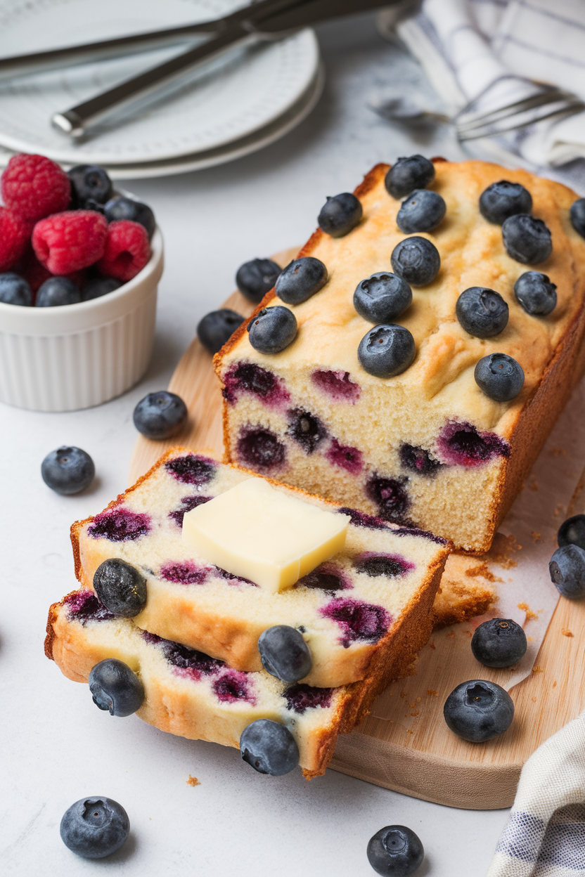 An indoor breakfast spread featuring a blueberry-studded loaf, one slice topped with a pat of butter melting slightly. No text or logos. Photo only.