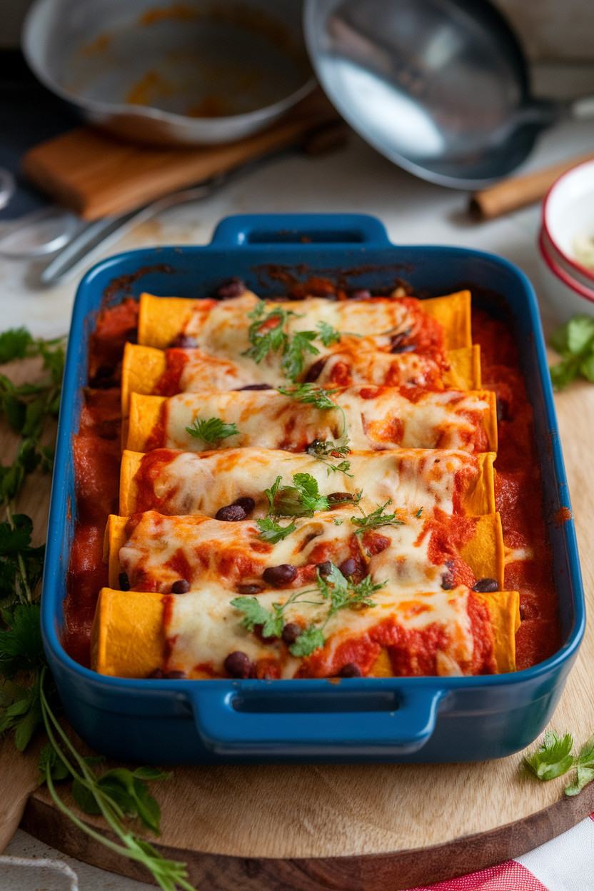 An indoor casserole dish of rolled enchiladas stuffed with sweet potato and black beans, covered in red sauce and baked cheese. No text or logos.