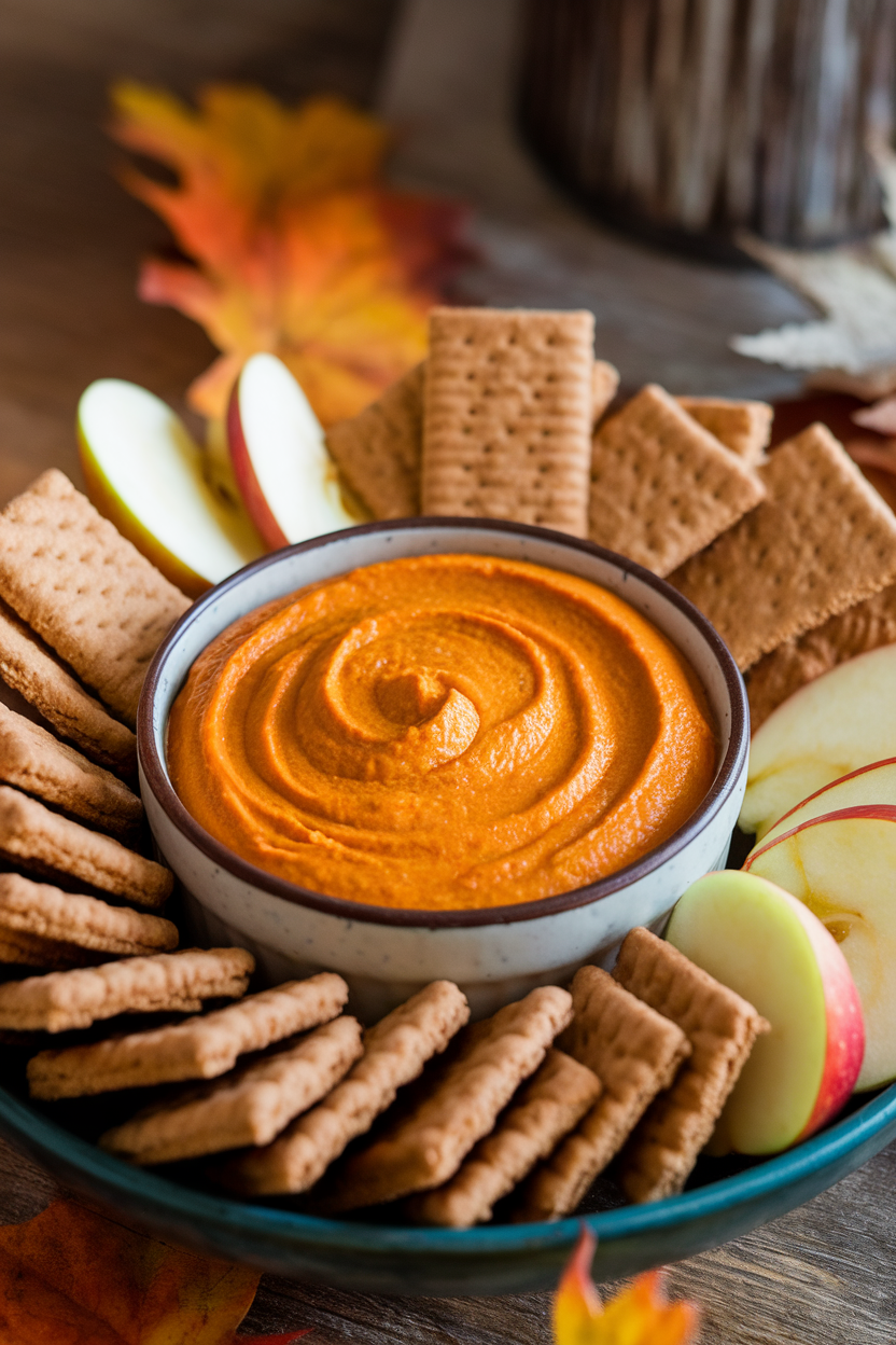 Indoor platter of creamy pumpkin dip in a bowl, surrounded by graham cracker rectangles and apple slices, no text or logos.