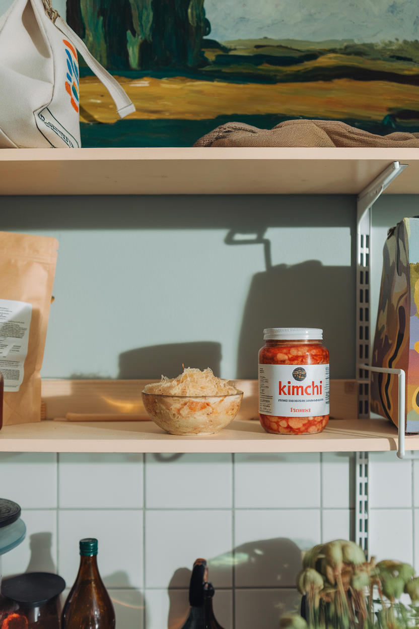 An indoor kitchen shelf with a small bowl of sauerkraut and a jar of kimchi—photo, no text or logos.