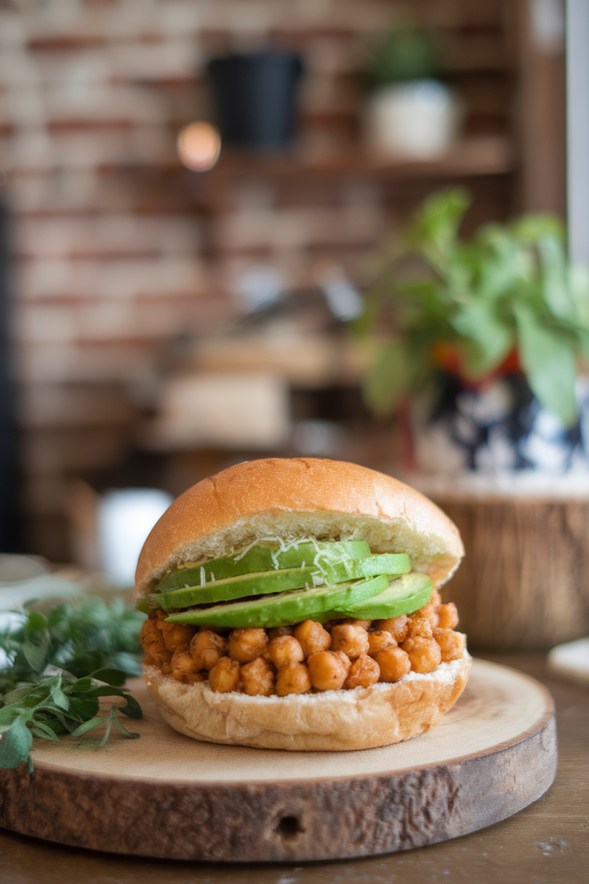 Photo of a chickpea burger topped with creamy avocado slices and lime zest indoors; no text or logos; photo, not illustration