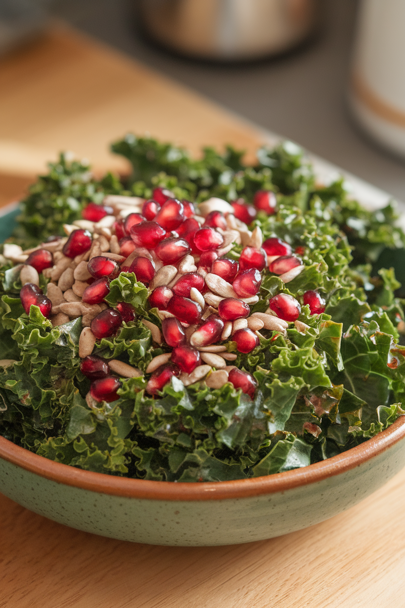 Indoor photo of chopped kale massaged with dressing and topped with pomegranate seeds and sunflower seeds in a ceramic bowl. No text or logos.