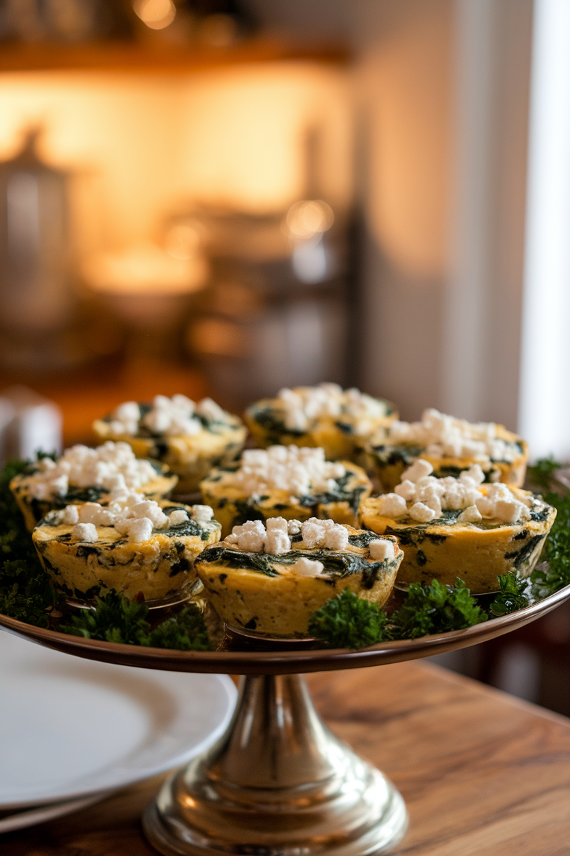An indoor serving platter holding several mini frittatas studded with green spinach and white feta crumbles, garnished with parsley; warm kitchen lighting, no text or logos, photo not illustration.