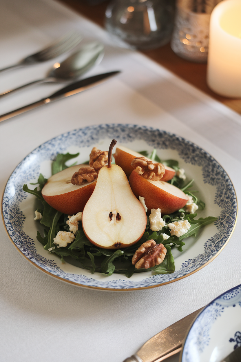 An indoor dining table featuring a porcelain plate holding sliced ripe pears atop arugula, dotted with crumbled gorgonzola and toasted walnuts. No visible text or logos. Photo, not illustration.