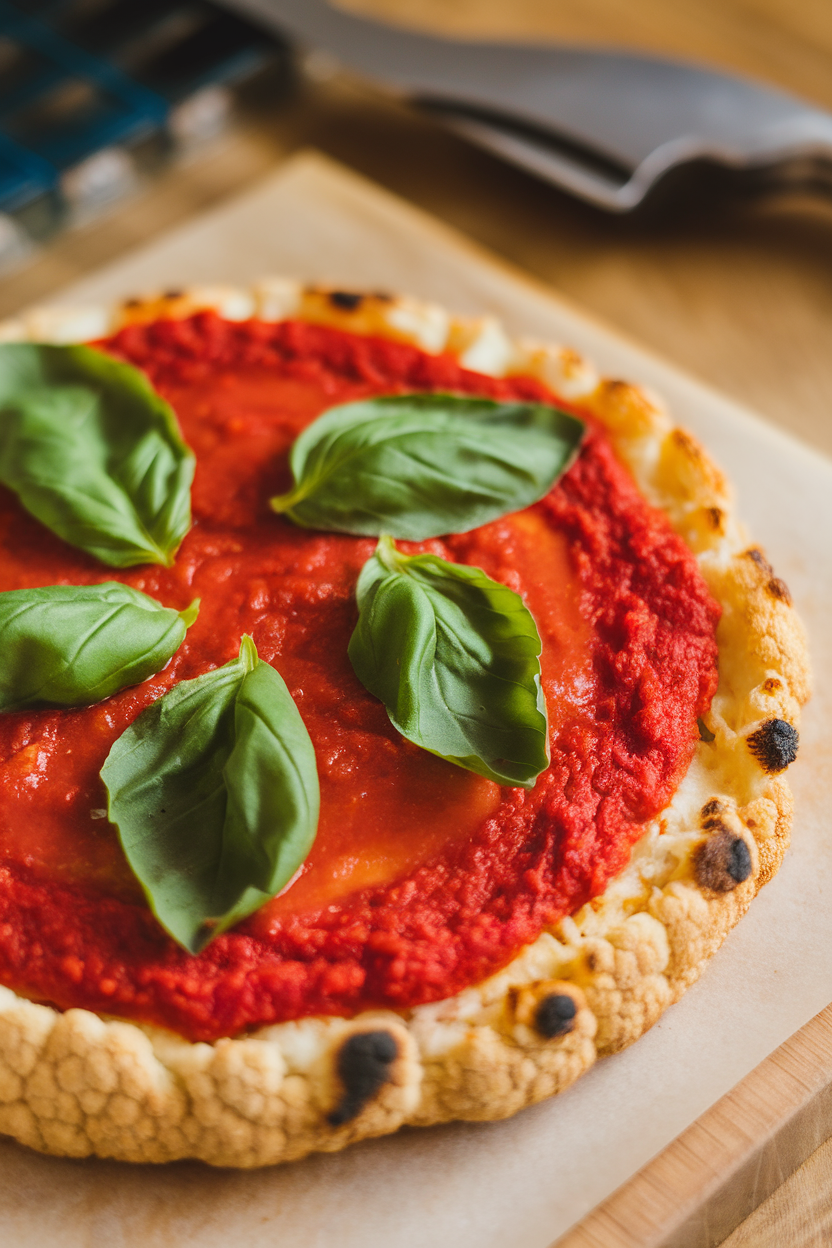 Indoor baking sheet featuring a cooked cauliflower pizza crust topped simply with tomato sauce and basil, shot at three-quarter angle. No text or logos.