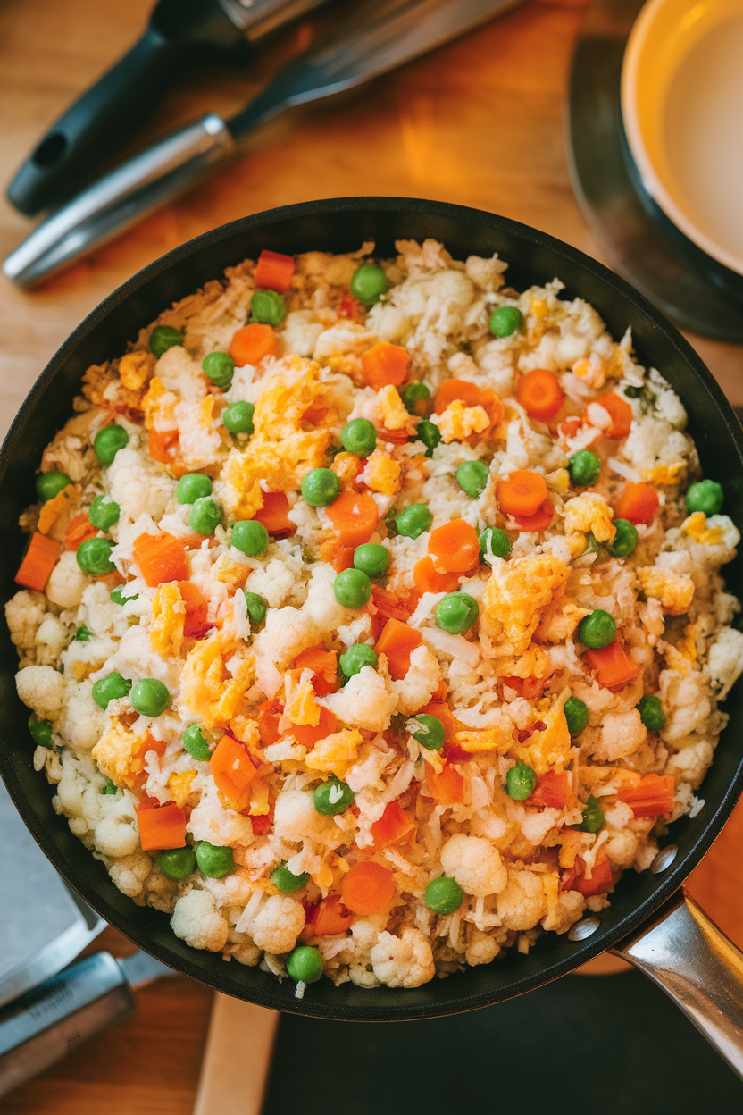 Overhead indoor shot of a skillet filled with cauliflower rice studded with carrots, peas, and scrambled egg bits. No text or logos. Photo, not illustration.
