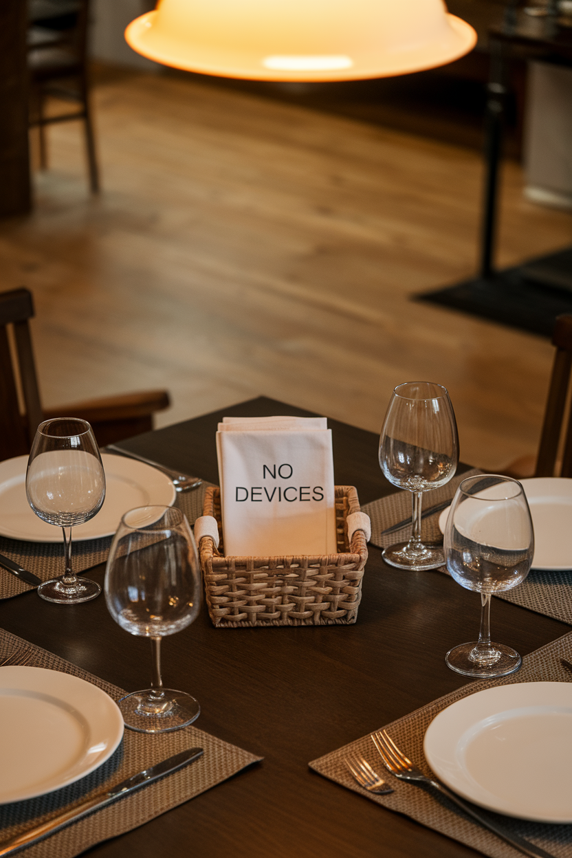 Indoor photo of a dining table set for four with a small “no devices” basket at the center, warm pendant light above, no text or logos
