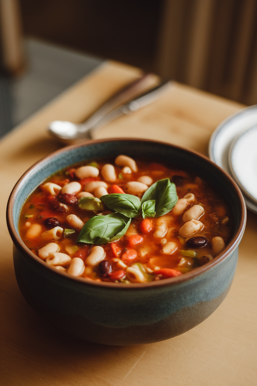 Photo of a deep bowl of colorful minestrone soup on an indoor table, elbow pasta, beans, and vegetables visible, garnished with basil. No text or logos in scene.