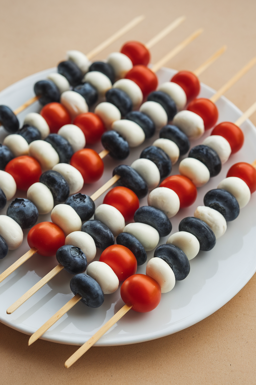 Indoor tabletop showing small wooden skewers alternating cherry tomatoes, mozzarella pearls, and blueberry accent pieces set in neat rows. No text or logos.