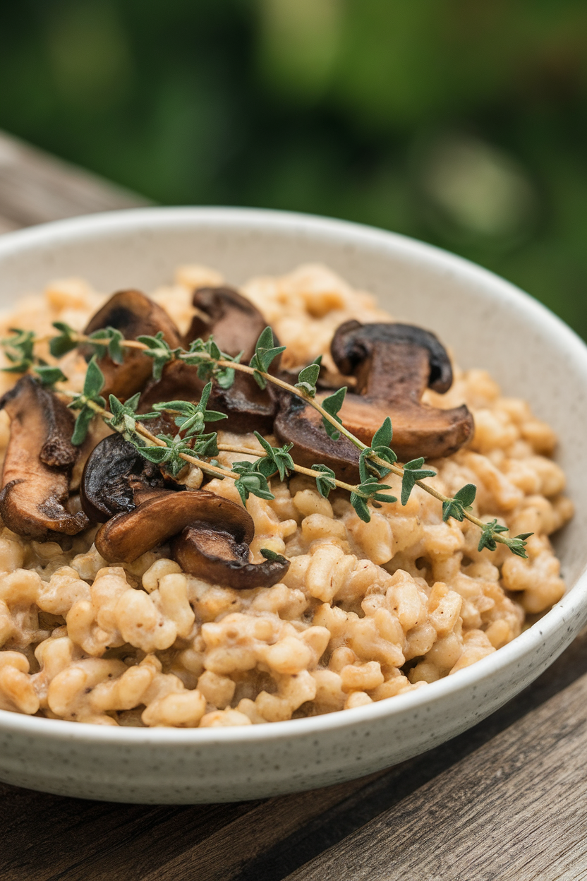 Indoor close-up of creamy barley studded with sautéed mushrooms and fresh thyme in a white bowl. No logos or text.