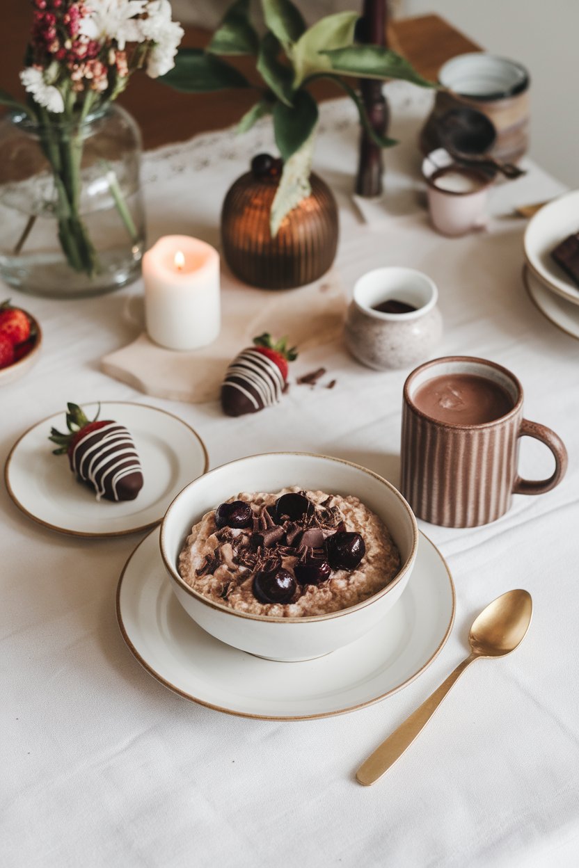 Indoor chocolate-themed breakfast table with oatmeal topped by dark cherries and chocolate curls. No text or logos. Photo.