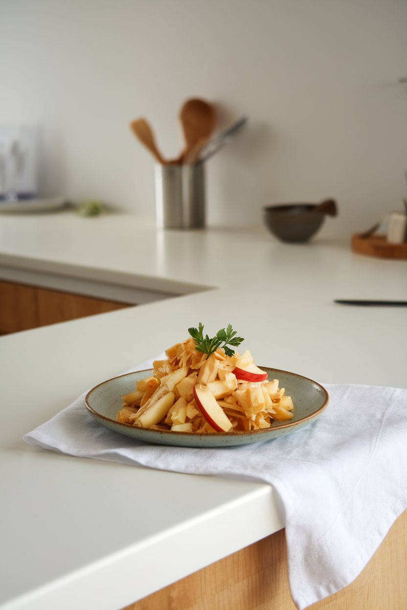 Photo of an indoor counter with a small plate of julienned celeriac and apple in a light mustard-yogurt dressing, garnished with parsley. No logos or text present.